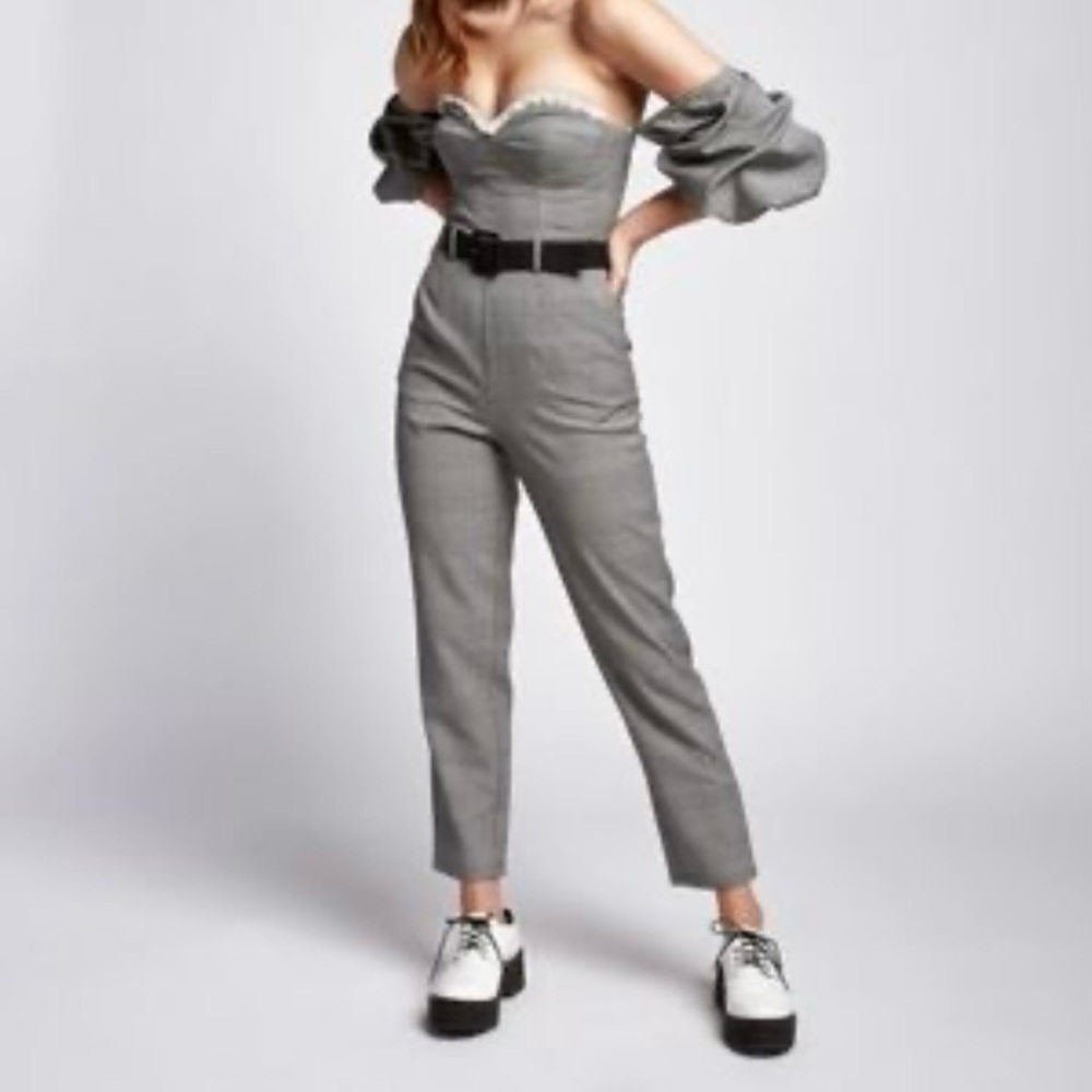 Eggie Black White Gingham Romper off shoulder Puff Sleeve Jumpsuit Plaid Size M